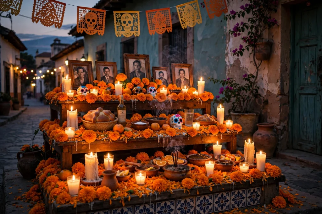 Day of the Dead celebration with marigolds in Oaxaca, Mexico.