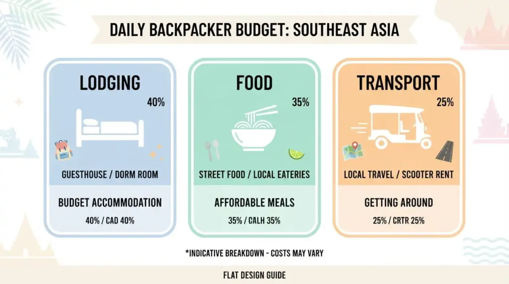 Best Solo Travel Destinations For Every Kind Of Traveler 2 Infographic breaking down a daily solo travel budget for lodging, food, and transport in Southeast Asia