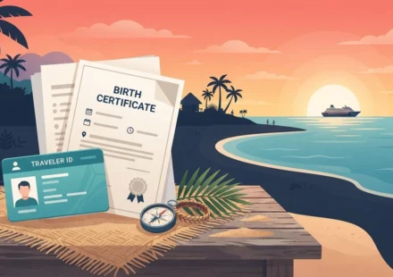 Illustration of tropical destinations and travel documents for places to travel without a passport