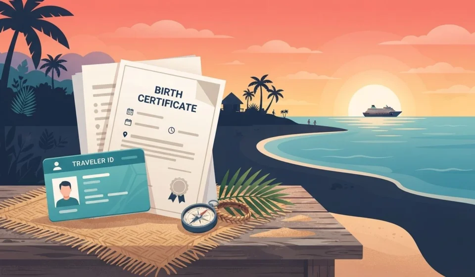 Places to Travel Without a Passport Illustration of tropical destinations and travel documents for places to travel without a passport