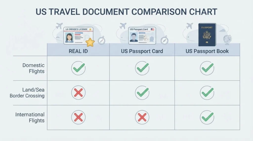 Places to Travel Without a Passport 3 Comparison chart of REAL ID, US passport card, and US passport book for domestic and international travel