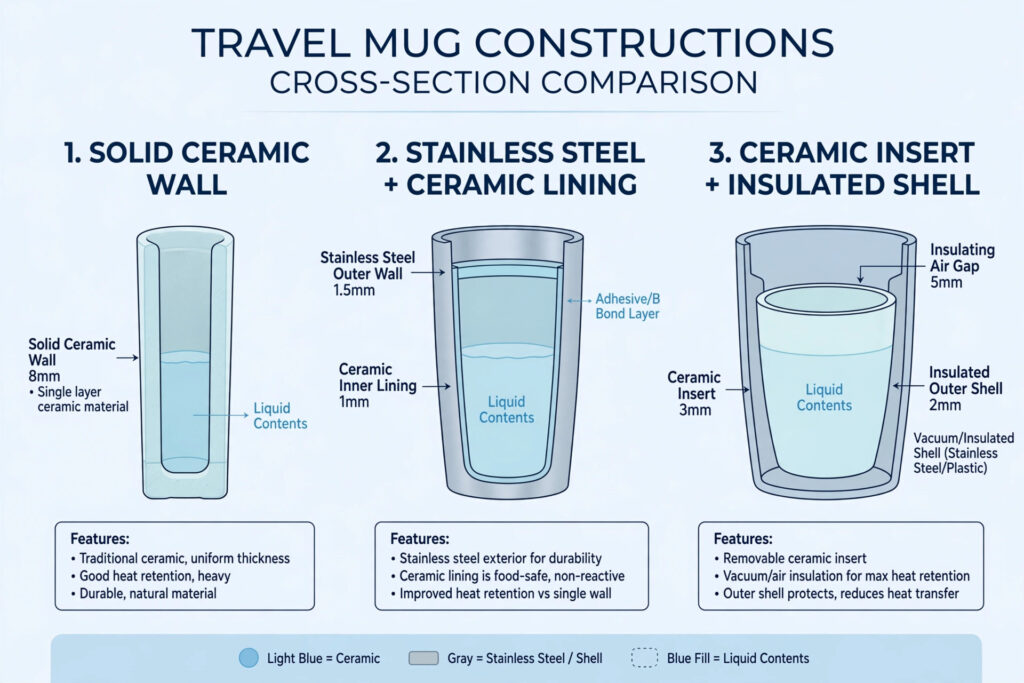 How To Choose The Right Ceramic Travel Mug 1 Diagram comparing solid ceramic, ceramic-lined hybrid, and removable insert travel mug construction.