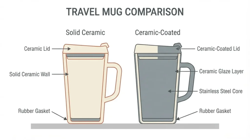 How To Choose The Right Ceramic Travel Mug 1 Diagram comparing a solid ceramic travel mug interior to a ceramic-coated stainless steel travel mug interior