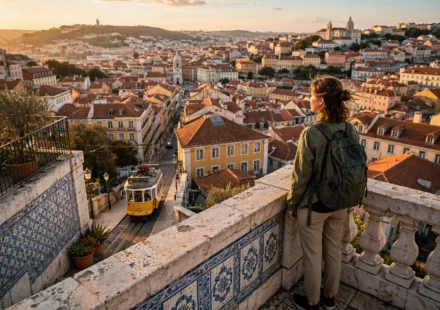 Solo traveler watching the sunset over Lisbon rooftops with a tram below.