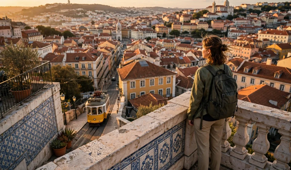 Solo traveler watching the sunset over Lisbon rooftops with a tram below.