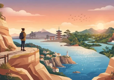 Solo traveler with a backpack looking out at a mix of coastal, temple, and jungle landscapes representing top solo travel destinations