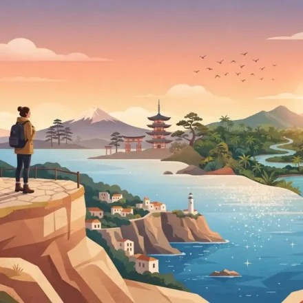 Best Solo Travel Destinations For Every Kind Of Traveler 55 Solo traveler with a backpack looking out at a mix of coastal, temple, and jungle landscapes representing top solo travel destinations