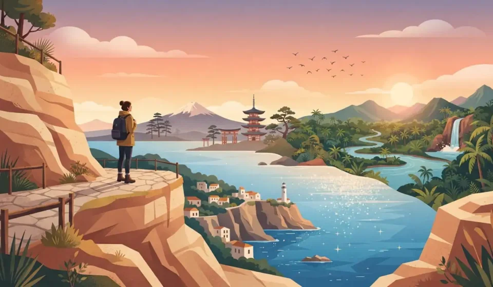 Best Solo Travel Destinations For Every Kind Of Traveler Solo traveler with a backpack looking out at a mix of coastal, temple, and jungle landscapes representing top solo travel destinations