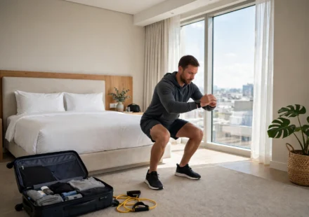 Traveler doing bodyweight squats in a hotel room with a suitcase nearby.