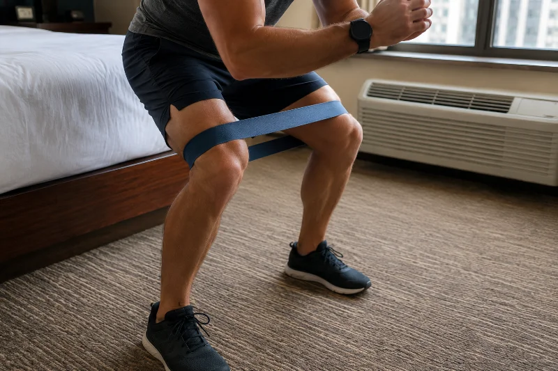 Resistance band squat exercise to stay fit while traveling