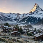 Matterhorn mountain towering over the village of Zermatt in Switzerland at sunrise.