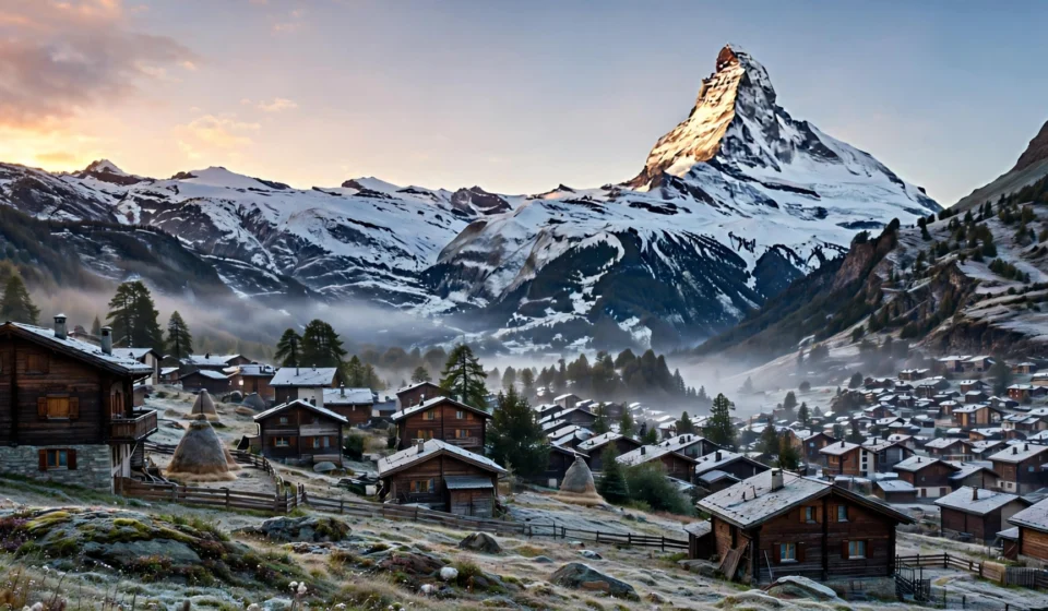 Matterhorn mountain towering over the village of Zermatt in Switzerland at sunrise.