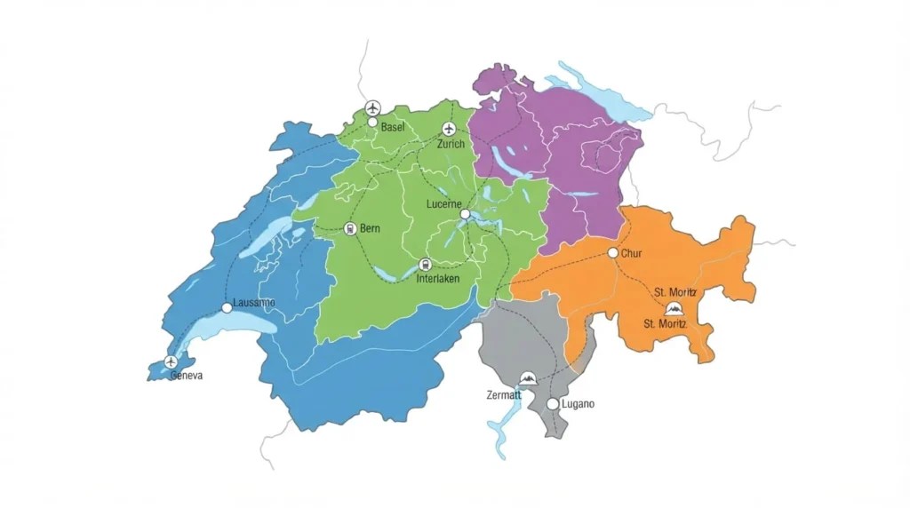 Best Places to Visit in Switzerland by Region 1 Map of Switzerland showing the five best regions to visit: Jungfrau, Lucerne, Zermatt, Lake Geneva, and Ticino