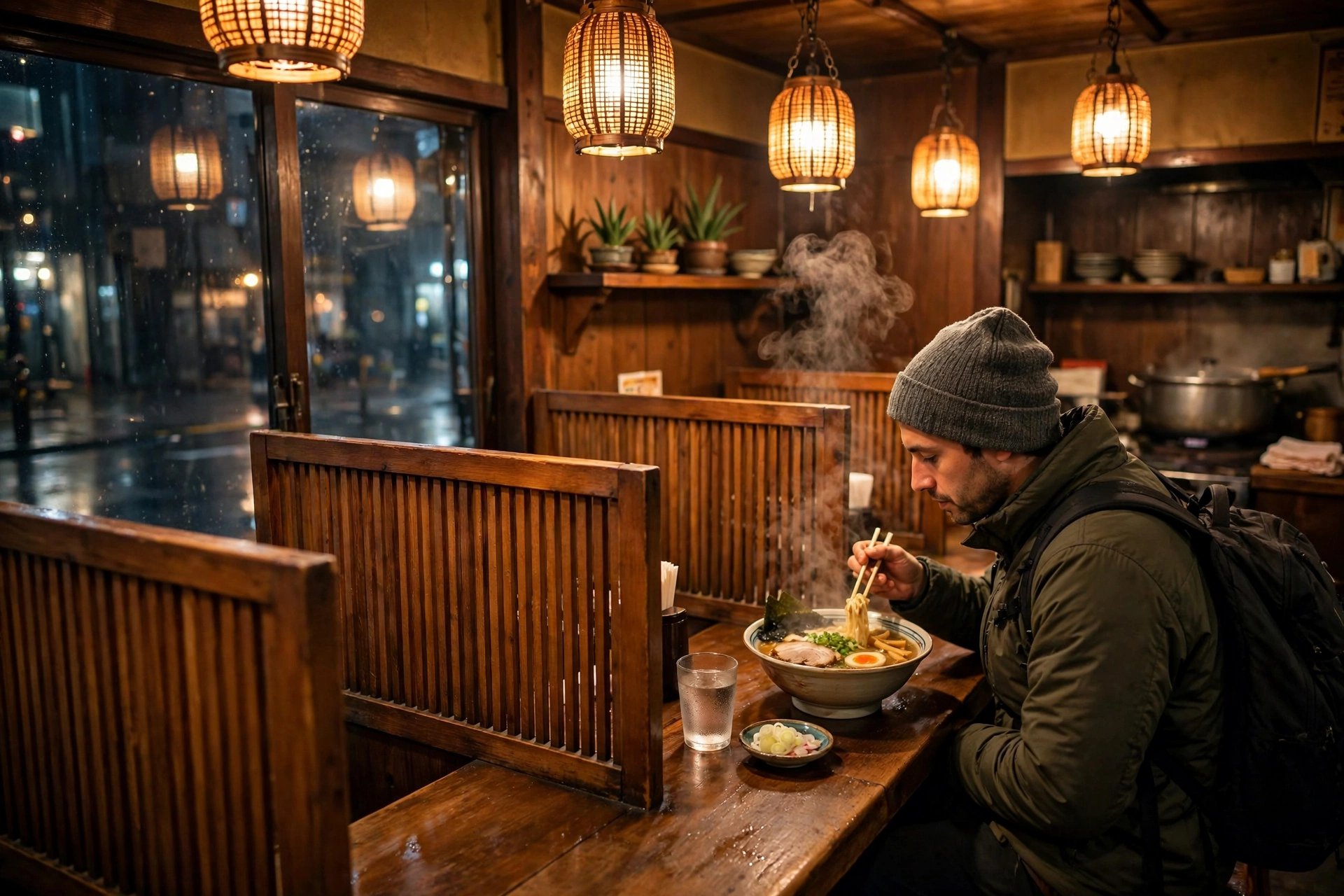 Solo diner eating at a ramen counter in Tokyo, Japan.