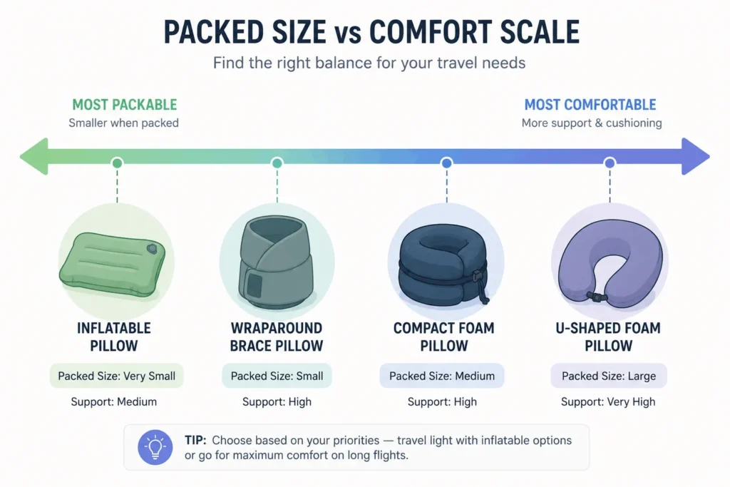 Best Travel Pillow for Long Flights: 2026 Guide 3 Spectrum graphic showing travel pillow types ranked from most packable to most comfortable