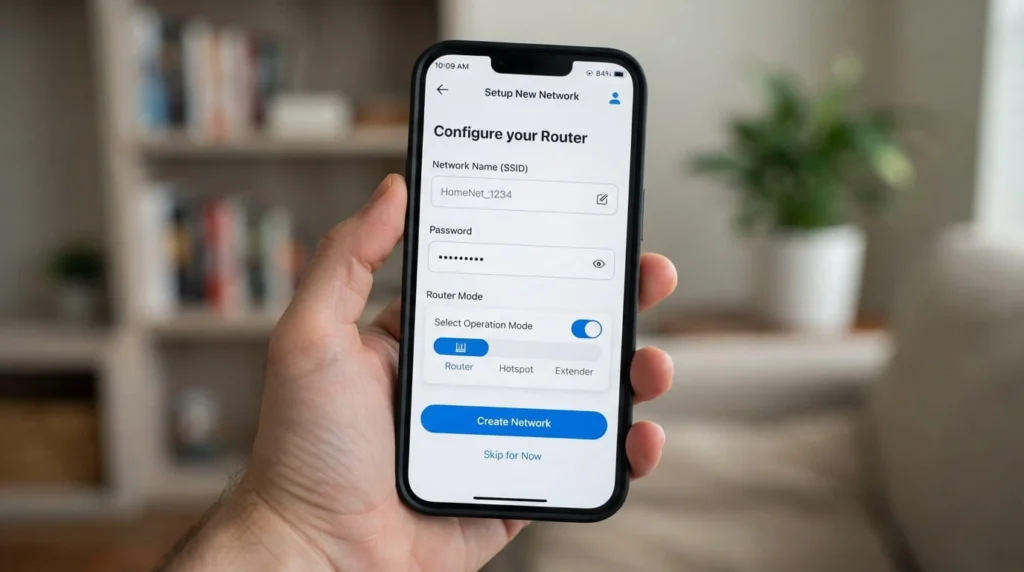 What Is A Travel Router? 2 Mobile app screen for setting up a travel router with network name and password fields