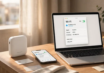 Small portable travel router on a hotel nightstand next to a phone and laptop.