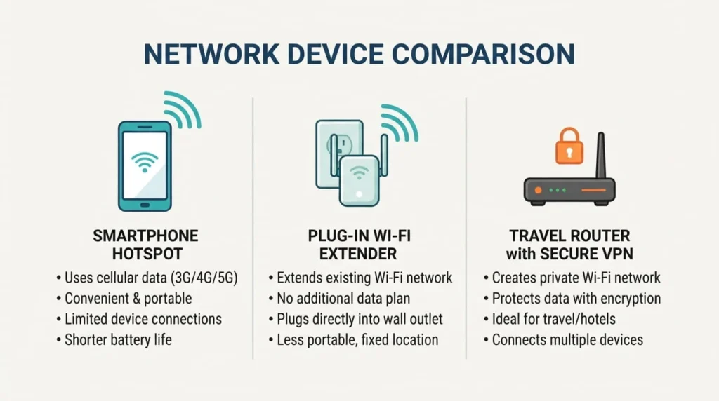 What Is A Travel Router? 3 Comparison of a mobile hotspot, Wi-Fi extender, and travel router side by side