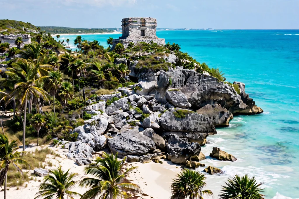 Tulum Mayan ruins on a cliff above the Caribbean Sea.