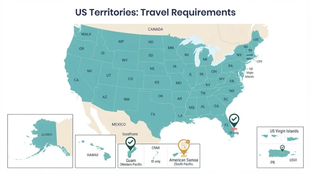 Places to Travel Without a Passport 1 Map of Puerto Rico, US Virgin Islands, Guam, Northern Mariana Islands, and American Samoa showing passport-free entry requirements