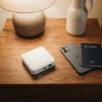 A small travel router placed on a hotel nightstand next to a smartphone and passport