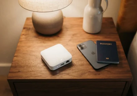 A small travel router placed on a hotel nightstand next to a smartphone and passport