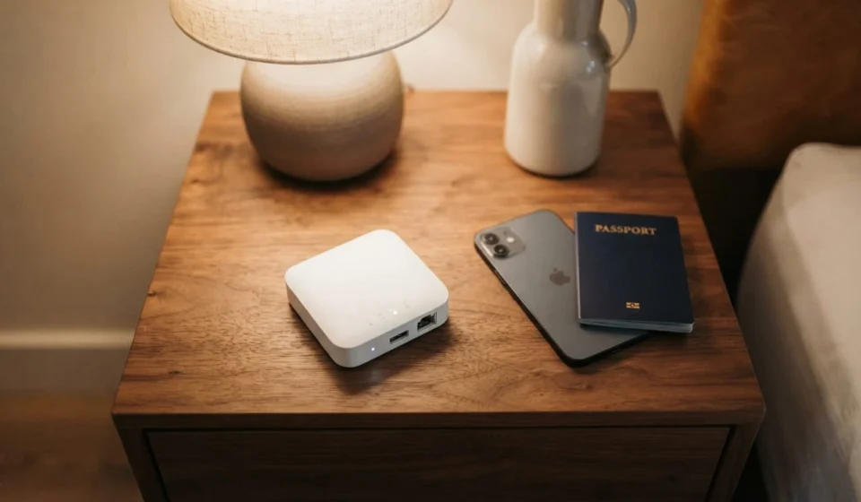 What Is A Travel Router? A small travel router placed on a hotel nightstand next to a smartphone and passport