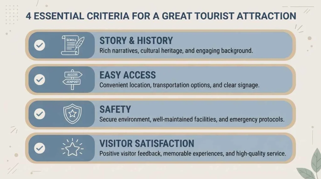 Checklist infographic showing four criteria of a best tourist attraction: story, access, safety, and satisfaction