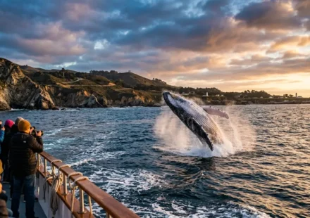 Humpback whale breaching in the water off Monterey Bay, one of the best places for whale watching in California