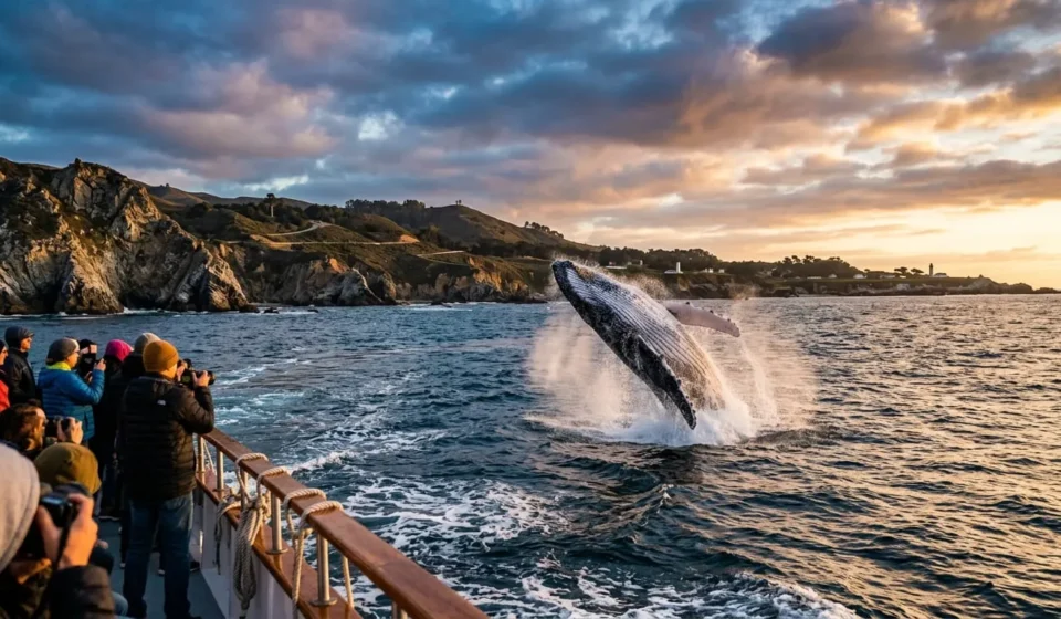 Humpback whale breaching in the water off Monterey Bay, one of the best places for whale watching in California