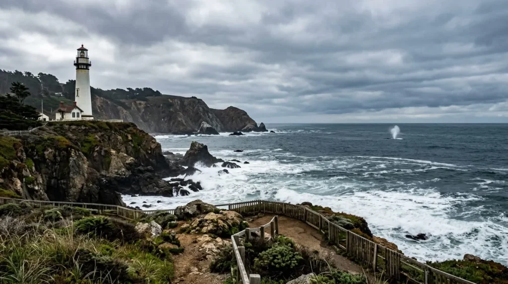 Coastal lighthouse viewpoint used for whale watching in California, overlooking the Pacific Ocean