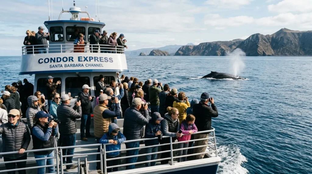 Whale watching tour boat in the Santa Barbara Channel, one of the best places for whale watching in California