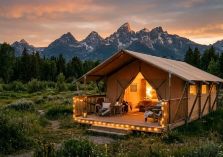 Luxury glamping tent glowing at sunset, one of the best places to go glamping in a mountain meadow