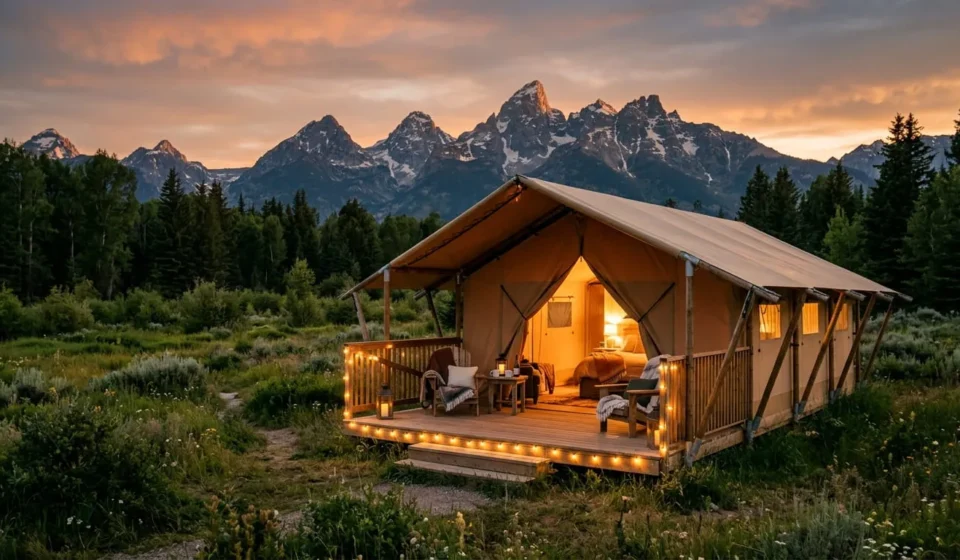 Best Places to Go Glamping for Every Kind of Traveler Luxury glamping tent glowing at sunset, one of the best places to go glamping in a mountain meadow