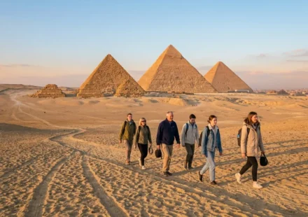 Travelers exploring the Giza pyramids during the best time to visit Egypt in the cooler winter months