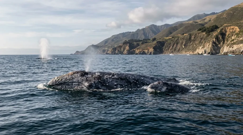 Gray whale and calf swimming off the California coast during whale watching season