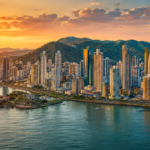 Panama City skyline during the best time to visit Panama, golden hour aerial view