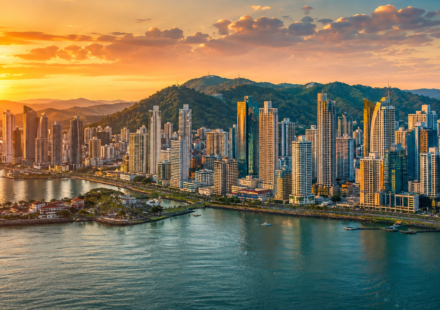 Panama City skyline during the best time to visit Panama, golden hour aerial view