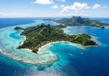 Aerial view of turquoise lagoons and green islands, the setting for this fiji travel guide