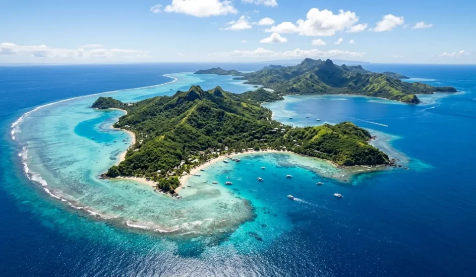 Fiji Travel Guide: Where to Go, Stay and Explore Aerial view of turquoise lagoons and green islands, the setting for this fiji travel guide