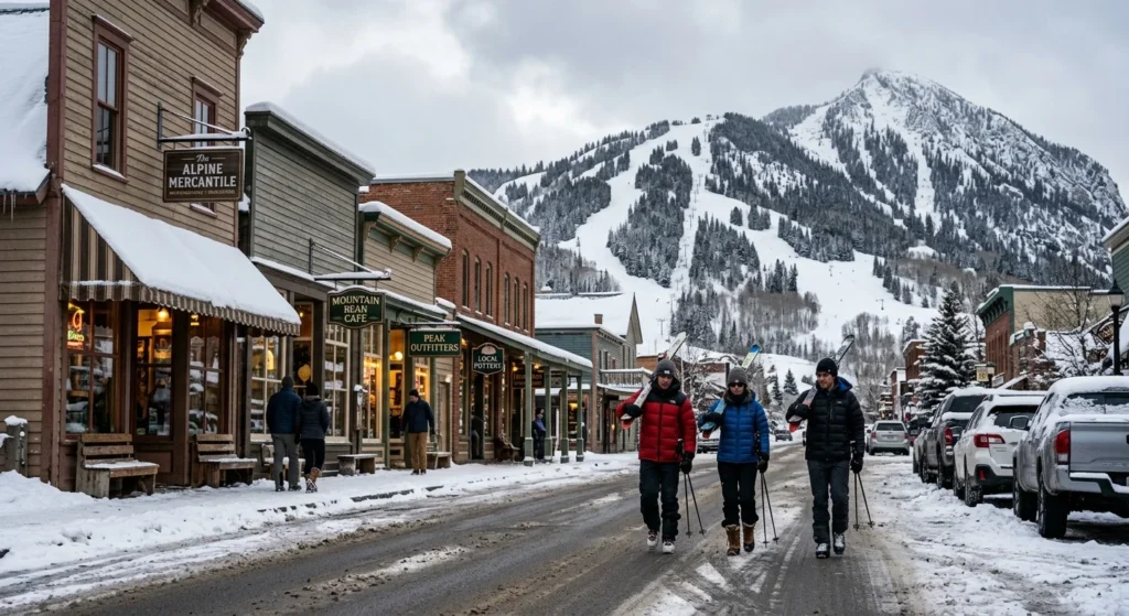 Main street of a Colorado ski town near one of the best ski resorts in Colorado