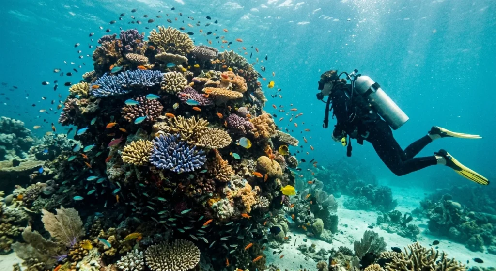 Diver at the Great Barrier Reef, one of the best places to scuba dive