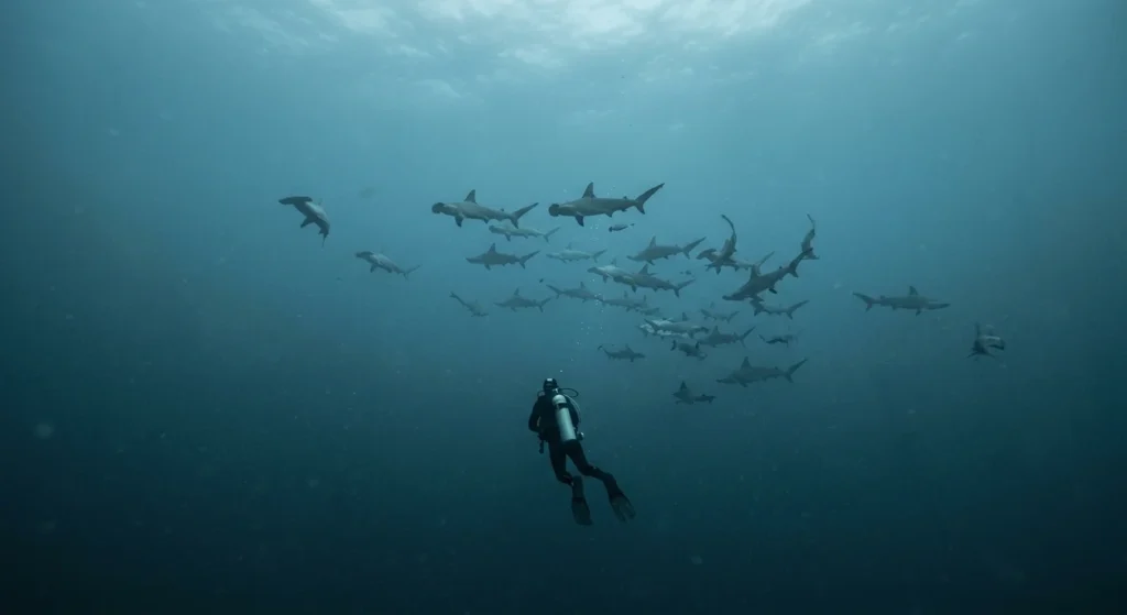 Diver with hammerhead sharks in the Galápagos, a top scuba diving destination