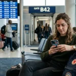 Traveler using a flight tracker app at the airport gate