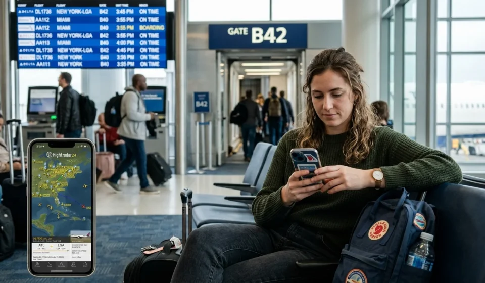 Traveler using a flight tracker app at the airport gate