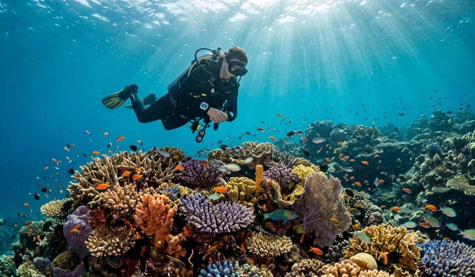 Diver exploring a coral reef at one of the best places to scuba dive