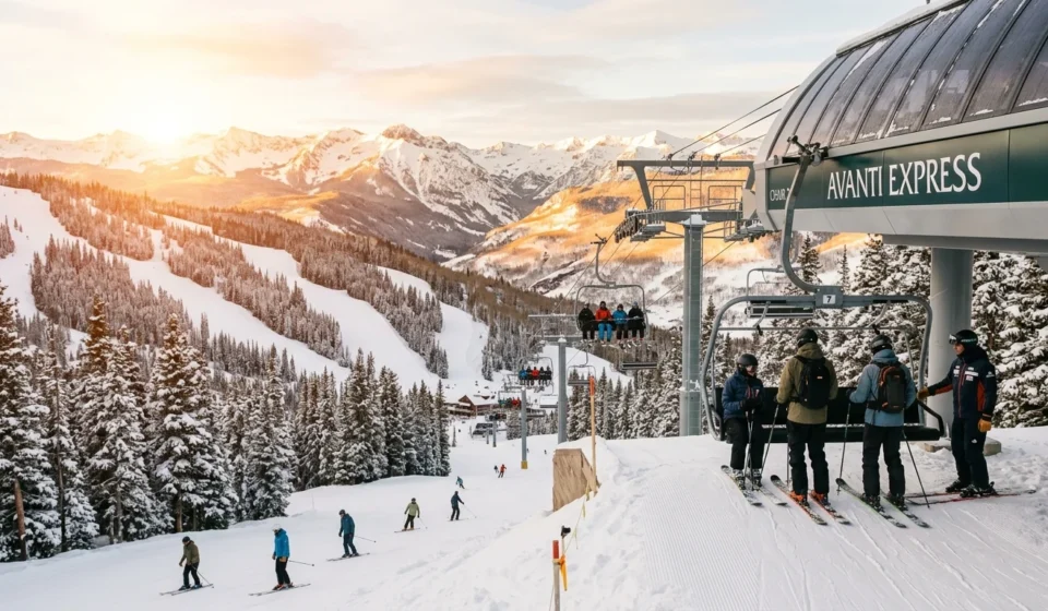 Skiers loading a chairlift at one of the best ski resorts in Colorado