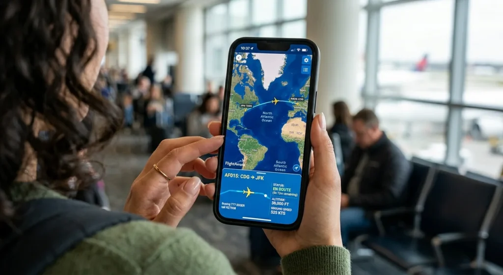 Flight tracker screen showing live altitude and speed data