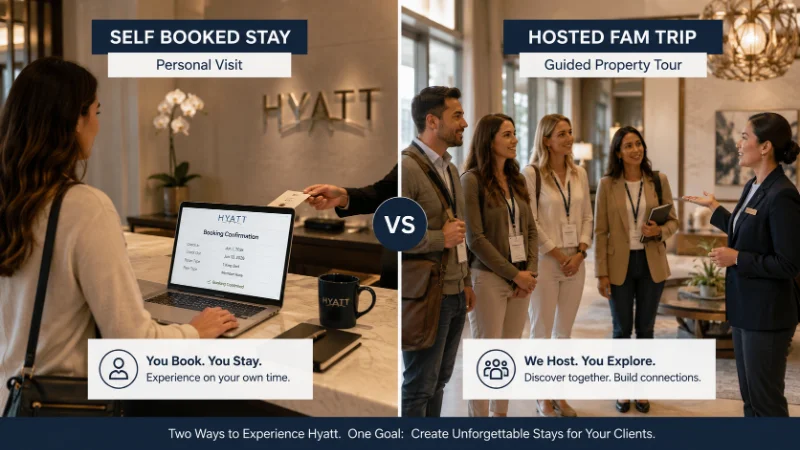 Hyatt Travel Agent Rates: What Qualifies and What the Discount Really Looks Like 3 Comparison showing Hyatt travel agent rates personal stay booking versus a hosted FAM trip for advisors