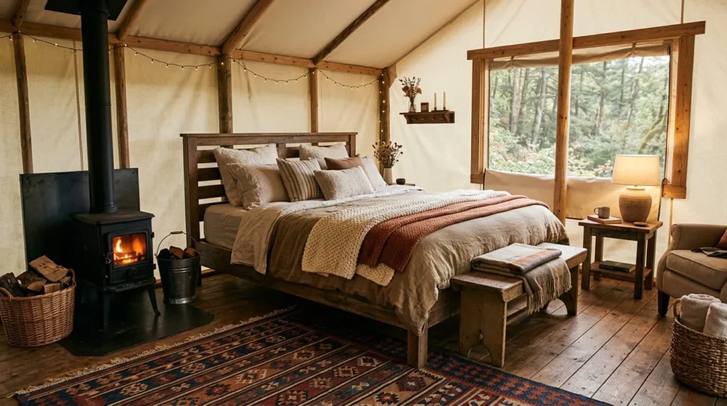Best Places to Go Glamping for Every Kind of Traveler 1 Bed and wood stove inside a canvas tent at one of the best places to go glamping